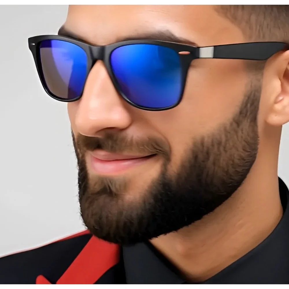 Mens Polarized Sunglasses Black Frame Blue Mirrored Lens Classic Hip Hop‎ Street